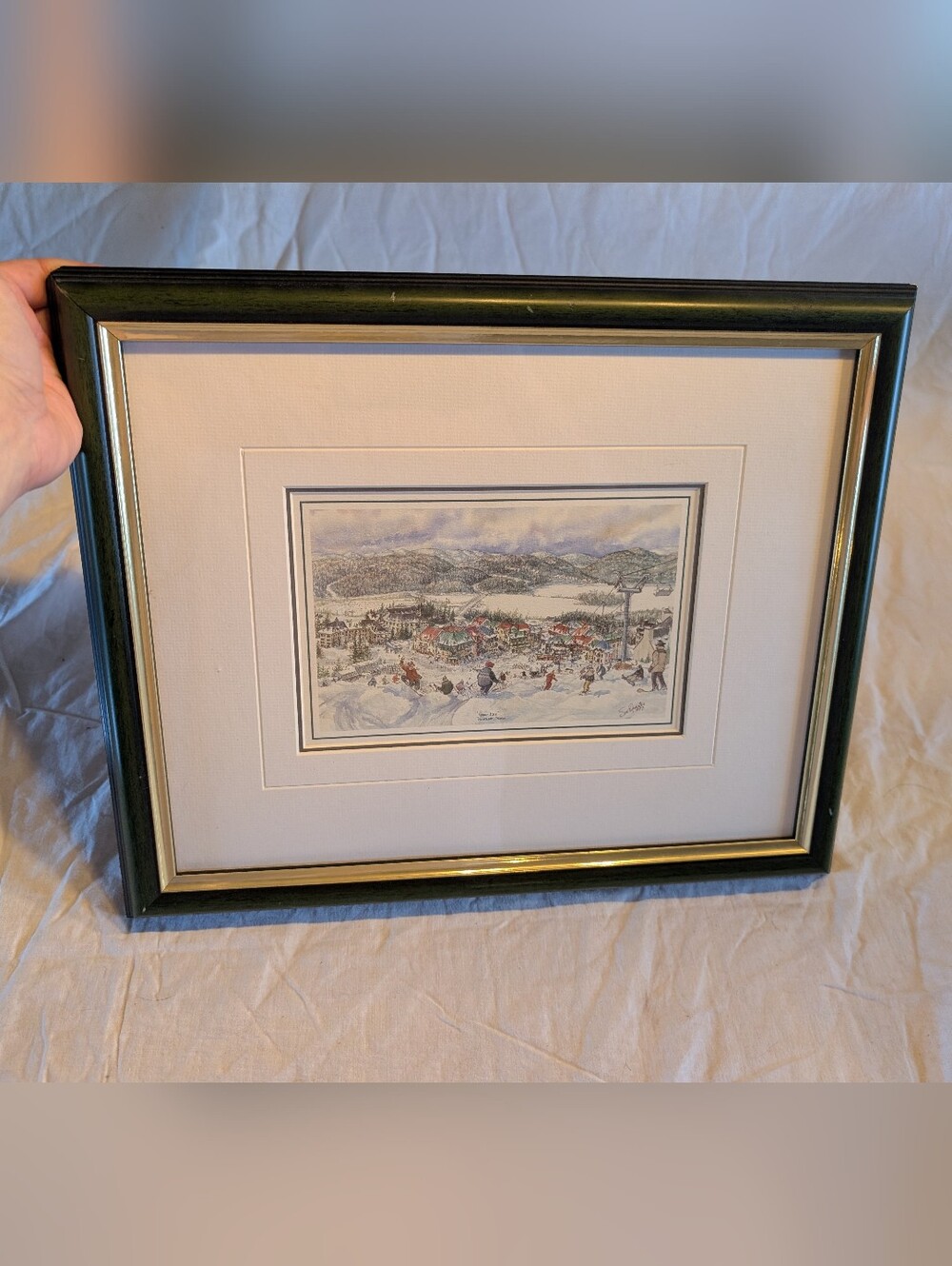 2/60$ Vintage Green and Gold Framed Winter Mont Tremblant Village Print